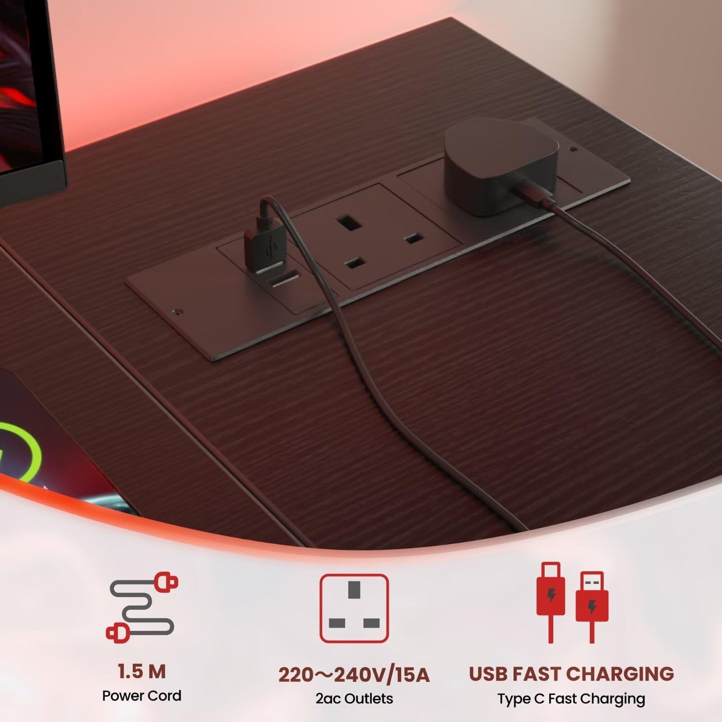 DOMSHOCT L Shaped Gaming Desk with Power Outlets, 100x70cm Small Corner Computer Table with Large Reversible Storage Shelves, Home Office PC Workstation with Hooks for Writing Study, Black