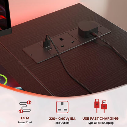 DOMSHOCT L Shaped Gaming Desk with Power Outlets, 100x70cm Small Corner Computer Table with Large Reversible Storage Shelves, Home Office PC Workstation with Hooks for Writing Study, Black