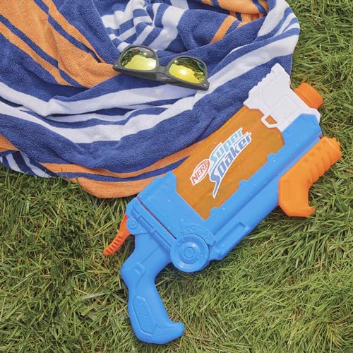 Nerf Super Soaker Flip Fill water blaster in multicolor with 887ml capacity, ideal for garden water games and outdoor fun.