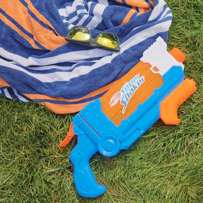 Nerf Super Soaker Flip Fill water blaster in multicolor with 887ml capacity, ideal for garden water games and outdoor fun.