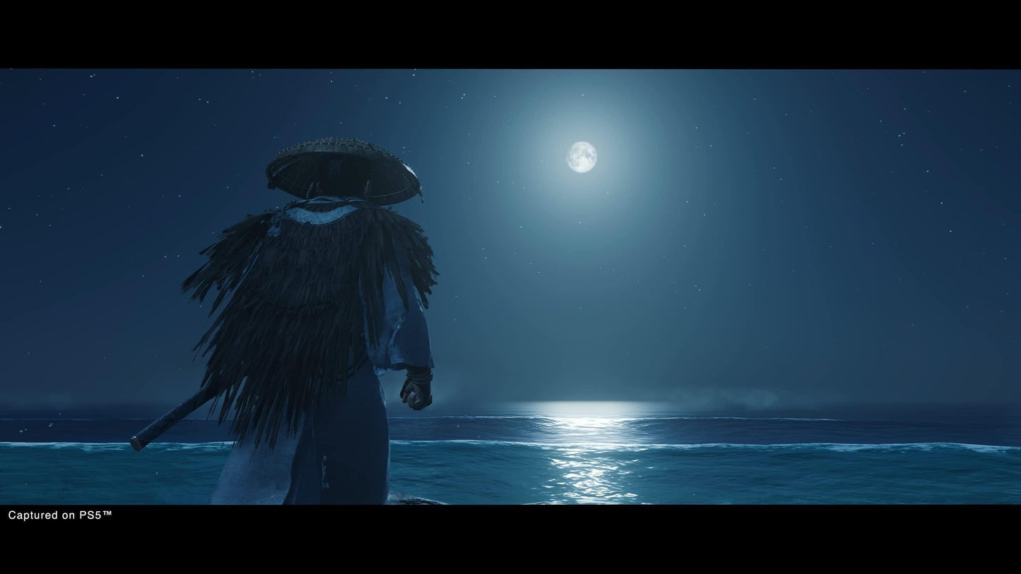 PlayStation Ghost of Tsushima Director's Cut game cover for PS5, featuring samurai warrior in traditional armor with scenic background.