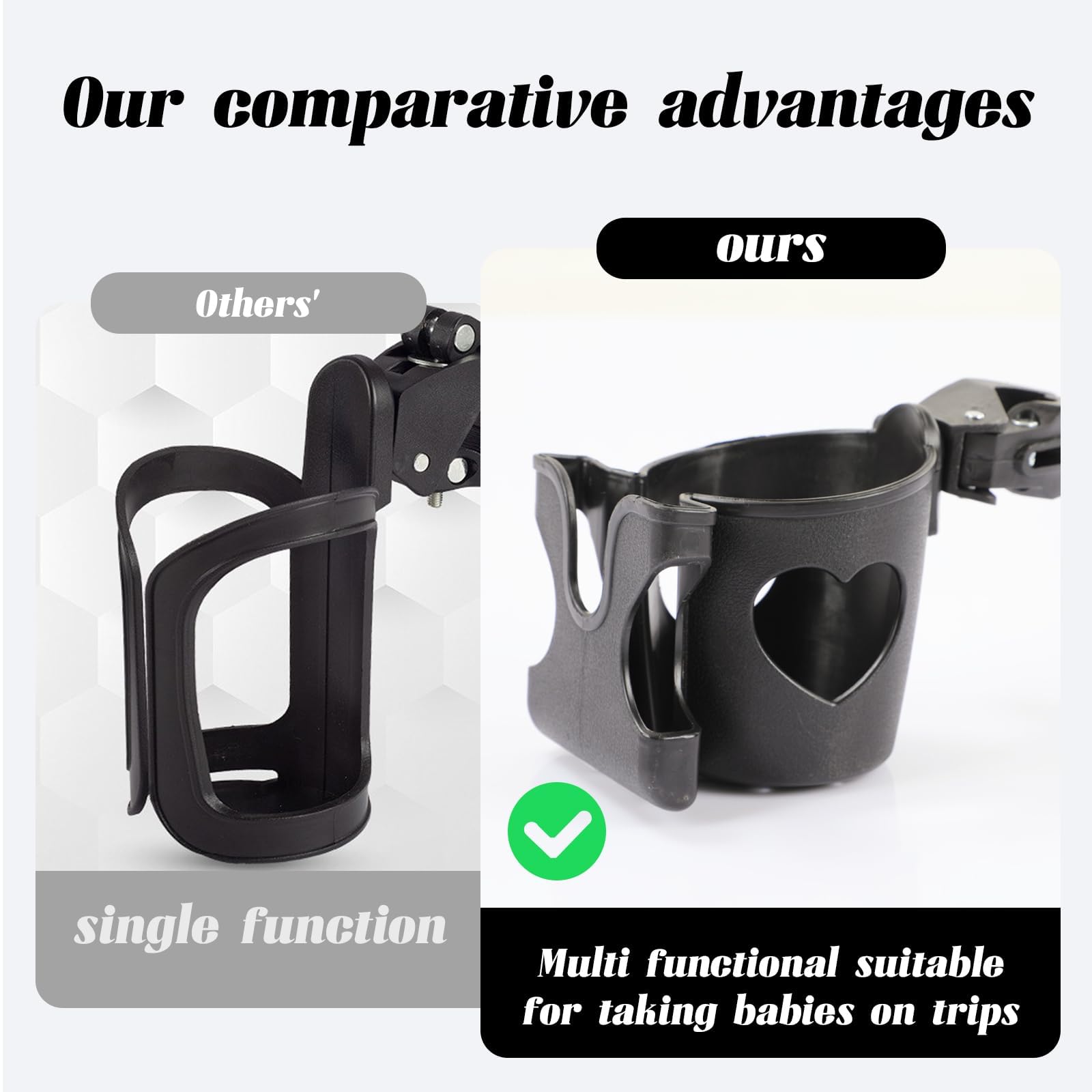 Black pram cup holder with phone holder, compatible with strollers, buggies, bikes, and pushchairs for convenient drink and phone storage.