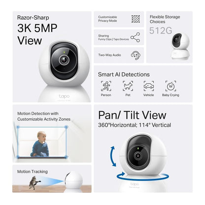Tapo C230 5MP indoor security camera with pan/tilt, night vision, two-way audio, AI detection for person, pet, and baby cry.
