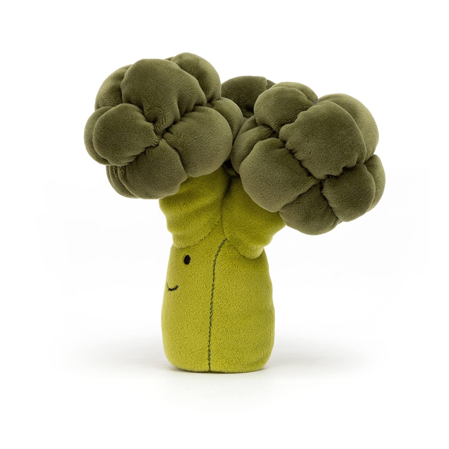 Soft Jellycat Vivacious Vegetable Broccoli plush toy with vibrant green fabric and a friendly face, perfect for kids.