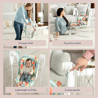 Graco Baby Delight Swing in Parade fashion, lightweight 4.67kg, compact fold, suitable from birth to 6 months, with 2 swing speeds