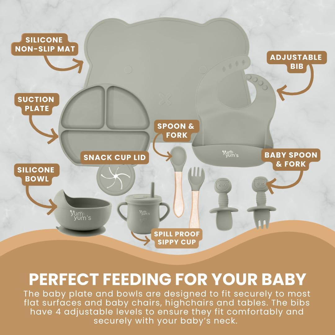 Yum Yum's Baby 10 Pcs Grey Weaning Set - Complete Toddler Feeding Kit w/Sectioned Plate, Suction Bowls, Cutlery with Mouth Guard, Straw Cup, Bib & Mat - Non-Slip - for Toddlers & Baby Gift