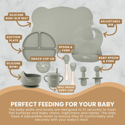 Yum Yum's Baby 10 Pcs Grey Weaning Set - Complete Toddler Feeding Kit w/Sectioned Plate, Suction Bowls, Cutlery with Mouth Guard, Straw Cup, Bib & Mat - Non-Slip - for Toddlers & Baby Gift