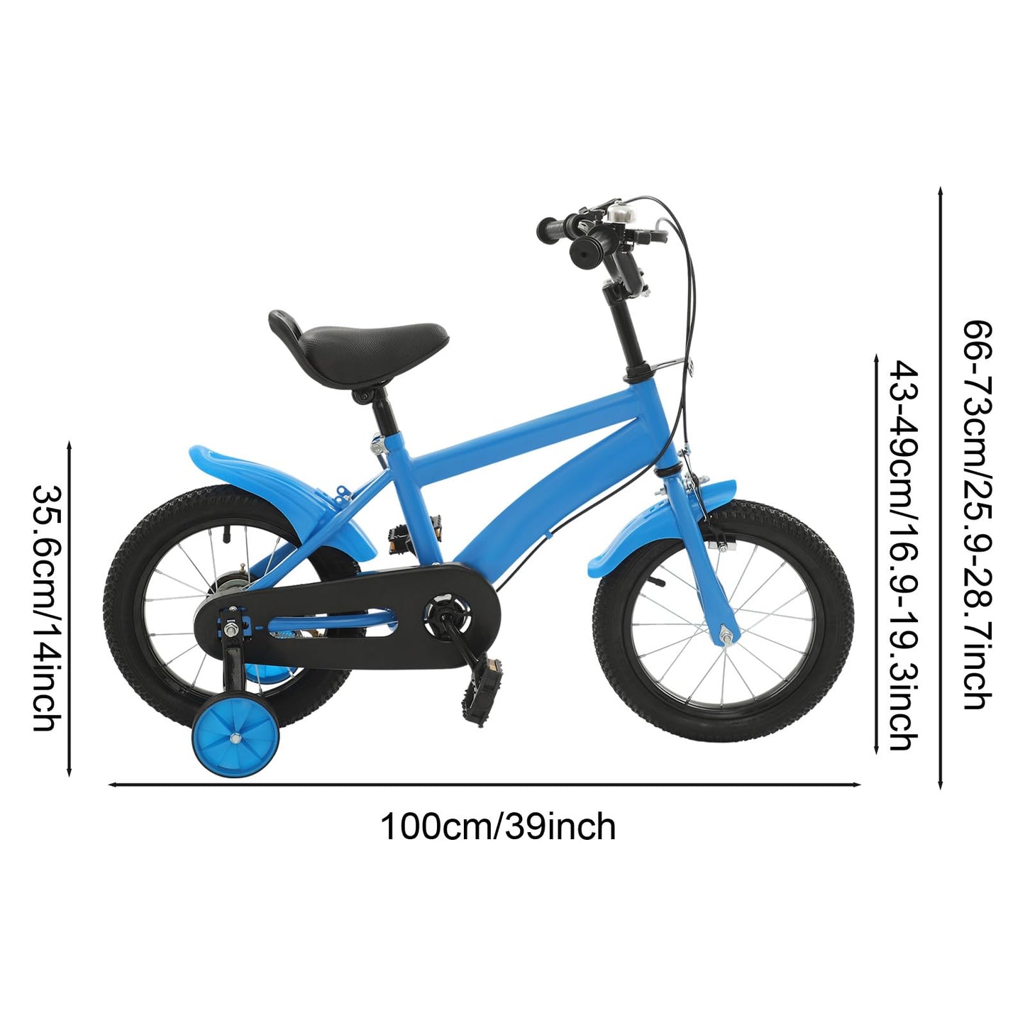 Blue 14-inch kids' sport bike by Eieblek with stabilisers, bell, fenders, adjustable seat, armrests, and road bike features for boys and girls.