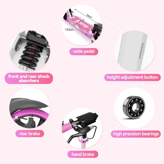 MEE GOO foldable scooter in pink, featuring disc brake, dual shock absorbers, and 200mm PU wheels for teenagers and adults.