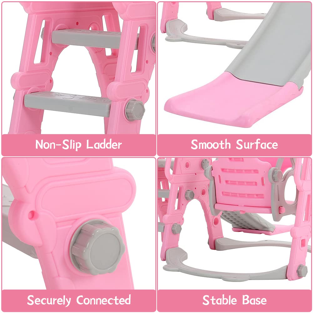 FUKEA Baby Swing Slide, 4-in-1 Toddler Slide and Swing Set with Basketball Hoop, Garden Climbing Frame, Outdoor Indoor Large Slide Swing for Toddlers Age 1-3, Kids Gift (Pink)