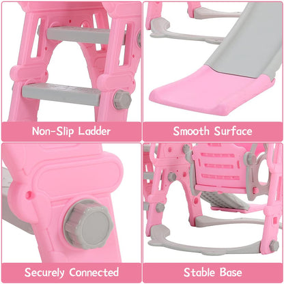 FUKEA Baby Swing Slide, 4-in-1 Toddler Slide and Swing Set with Basketball Hoop, Garden Climbing Frame, Outdoor Indoor Large Slide Swing for Toddlers Age 1-3, Kids Gift (Pink)