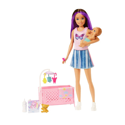 Barbie Skipper Babysitters Inc crib toy playset with doll, baby doll with sleepy eyes, furniture, and accessories for imaginative play.