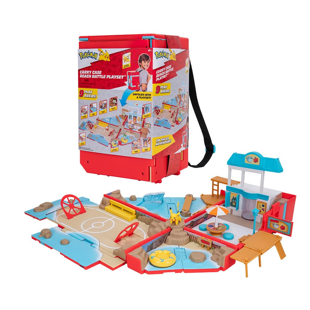 Pokémon Carry Case Beach Battle Playset with transforming backpack and 2-inch Pikachu battle figure in action.