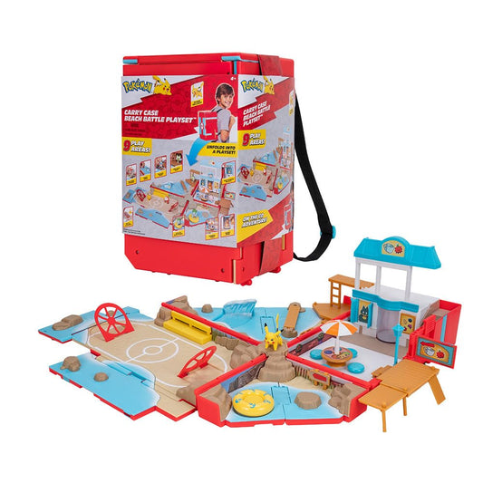 Pokémon Carry Case Beach Battle Playset with transforming backpack and 2-inch Pikachu battle figure in action.