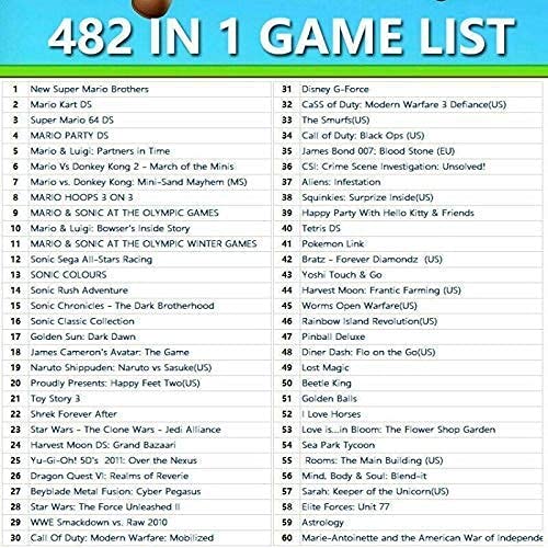 Warehouse Apps 482-in-1 DS and 3DS game cartridge with multiple game selections for Nintendo DS, 3DS, and XL models.