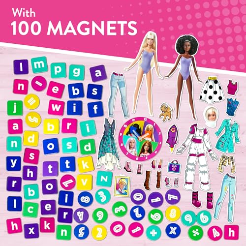 Barbie 2-in-1 magnetic whiteboard and lap tray for kids, featuring colorful educational design and writing surface for ages 3+.