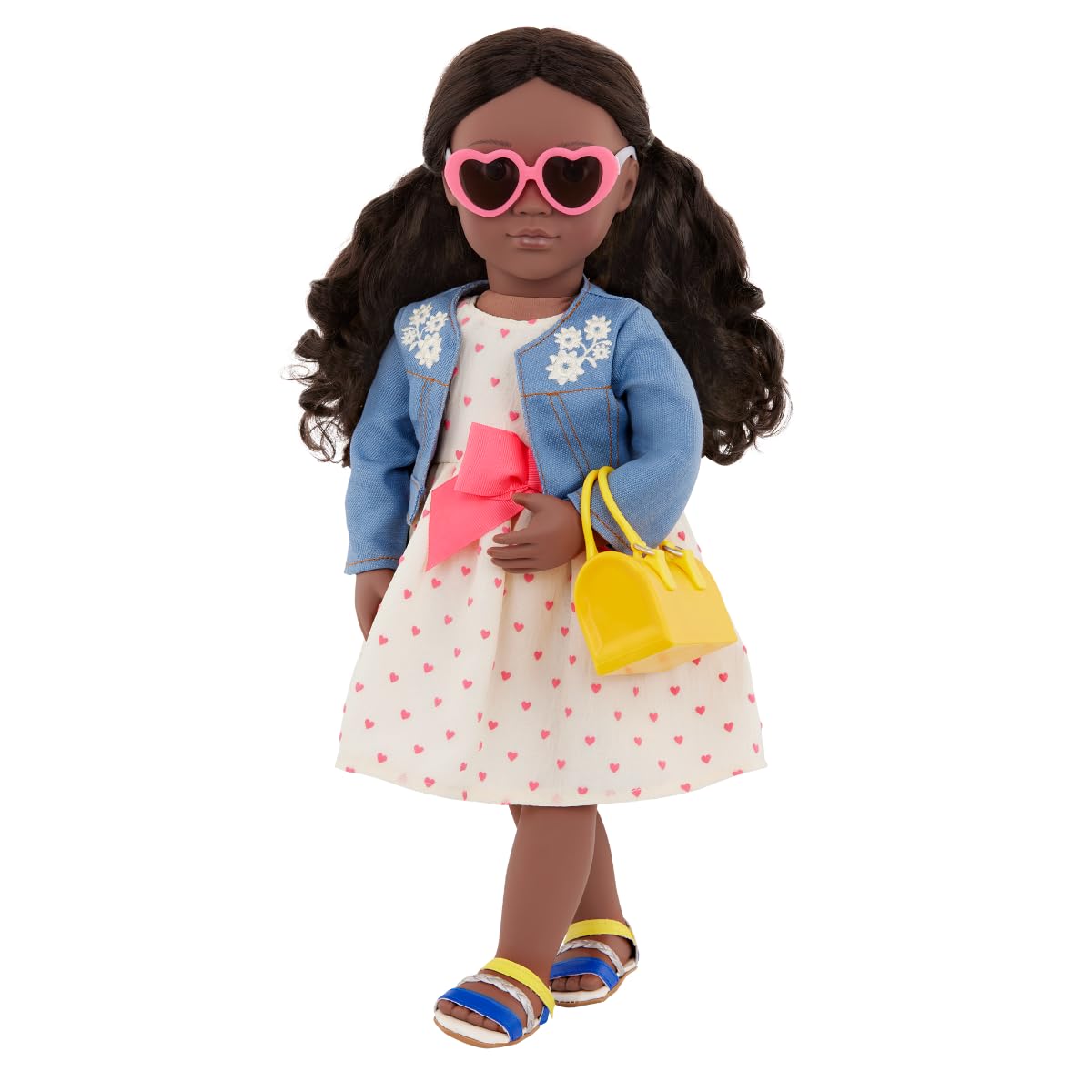 Our Generation 18-inch doll outfit featuring a deluxe jacket and dress combo with accessories in bright colors.