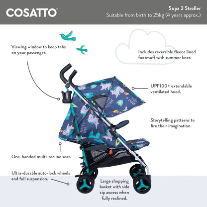 Cosatto Supa 3 Pushchair with Footmuff – Lightweight Stroller from Birth to 25Kg - Easy, Compact, Umbrella Fold, Large Shopping Basket, Carry Handle Footmuff, Dragon Kingdom