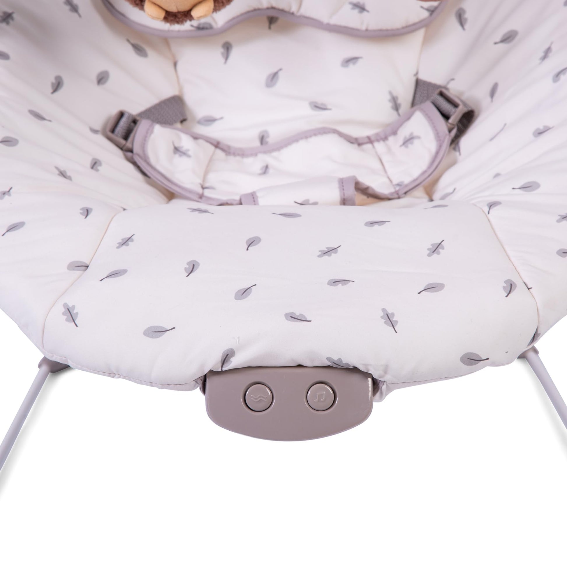 Red Kite Cozy Bounce musical baby bouncer with woodland walk design, featuring soft fabric and attached toy for infant comfort.