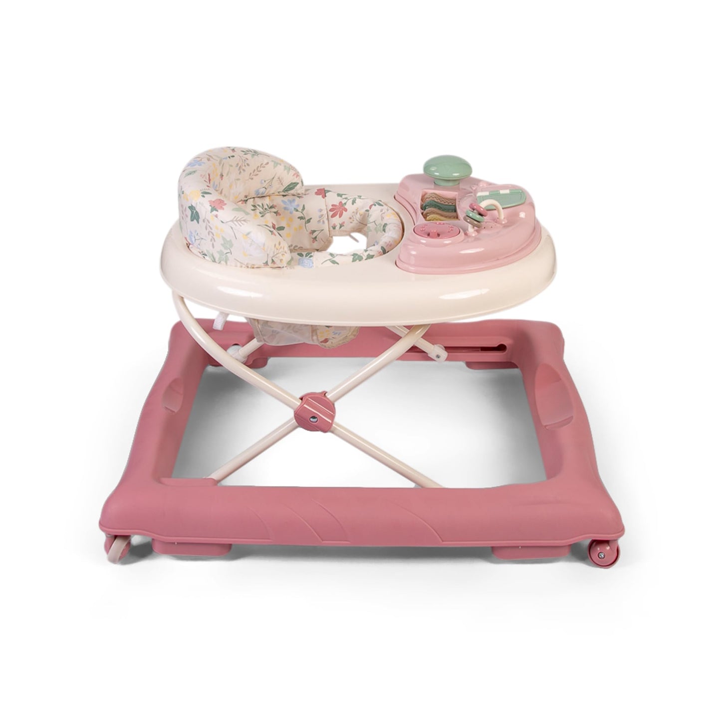 Red Kite Baby Go Round Jive electronic walker with interactive musical play tray, featuring pink and rose accents for infants.