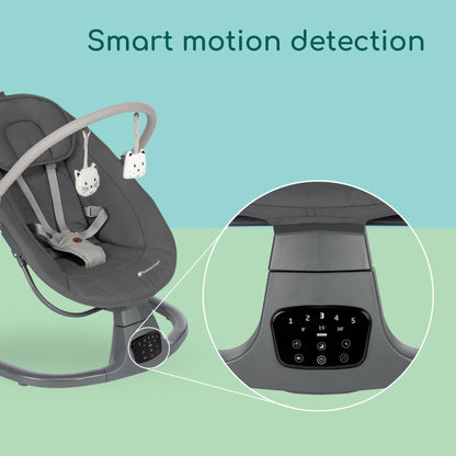 Bebeconfort Jolana, Electric Baby Swing, 0-6 Months (9 kg), Automatic Motion Detection, 12 Sooting Songs, 5 Nature Sounds, Adjustable Backrest, 2 Recline Positions, Tinted Graphite