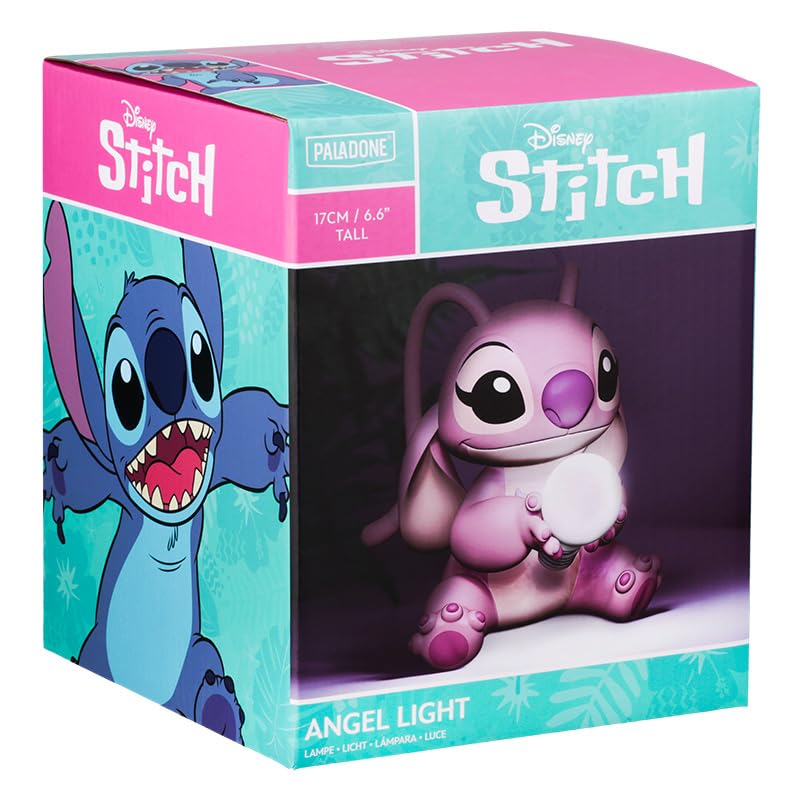 Pink Lilo and Stitch angel light lamp by Paladone, Disney collectible night light for bedside decor and bedroom ambiance.