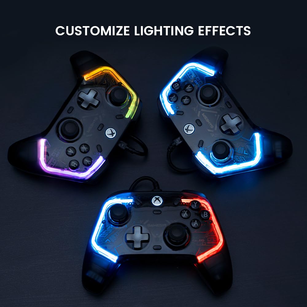 GameSir Kaleid wired gaming controller for Xbox Series X|S, Xbox One, Windows, and Steam featuring transparent design and Hall effect joysticks