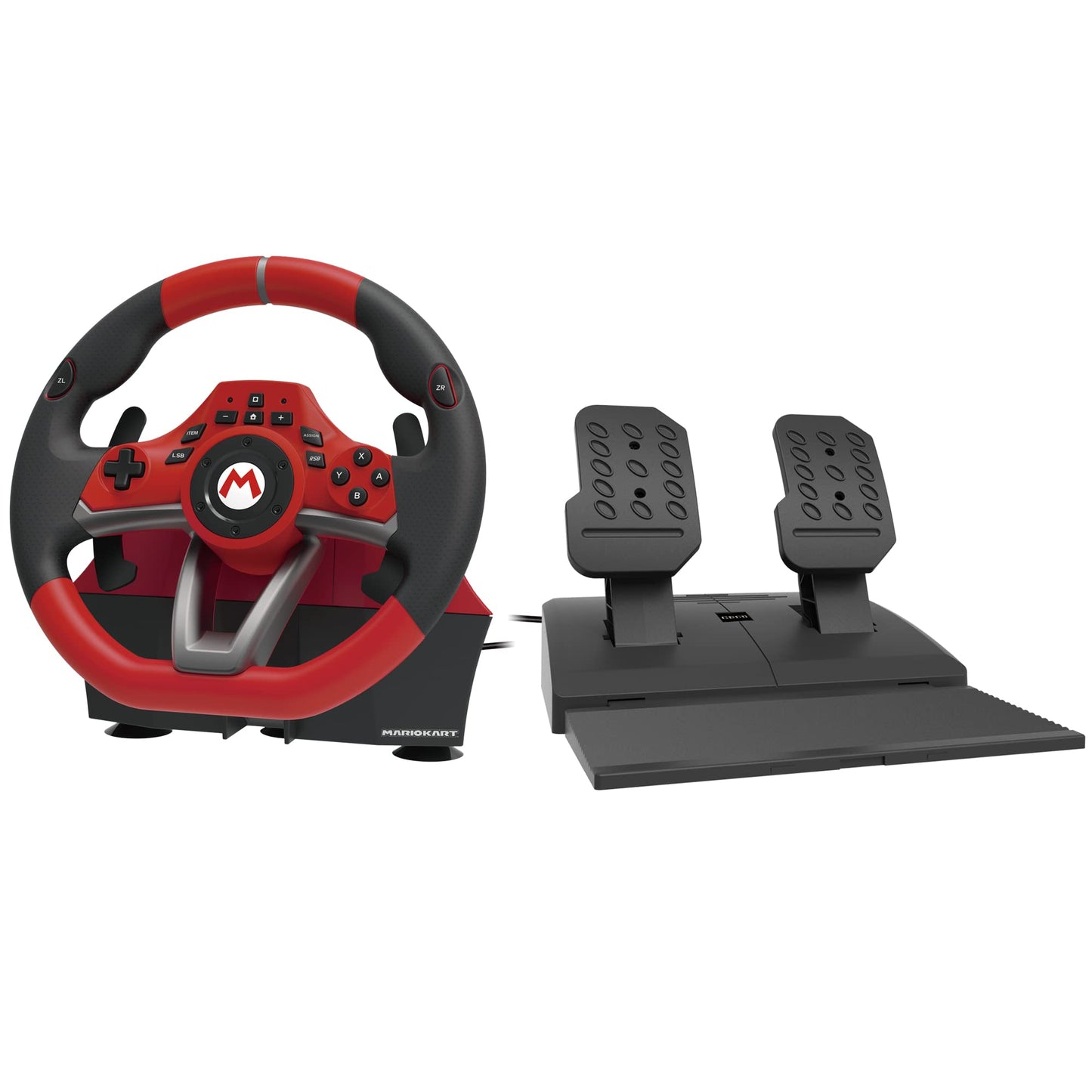 Hori Mario Kart Racing Wheel Pro Deluxe for Nintendo Switch, black steering wheel with colorful Mario Kart branding and control buttons.