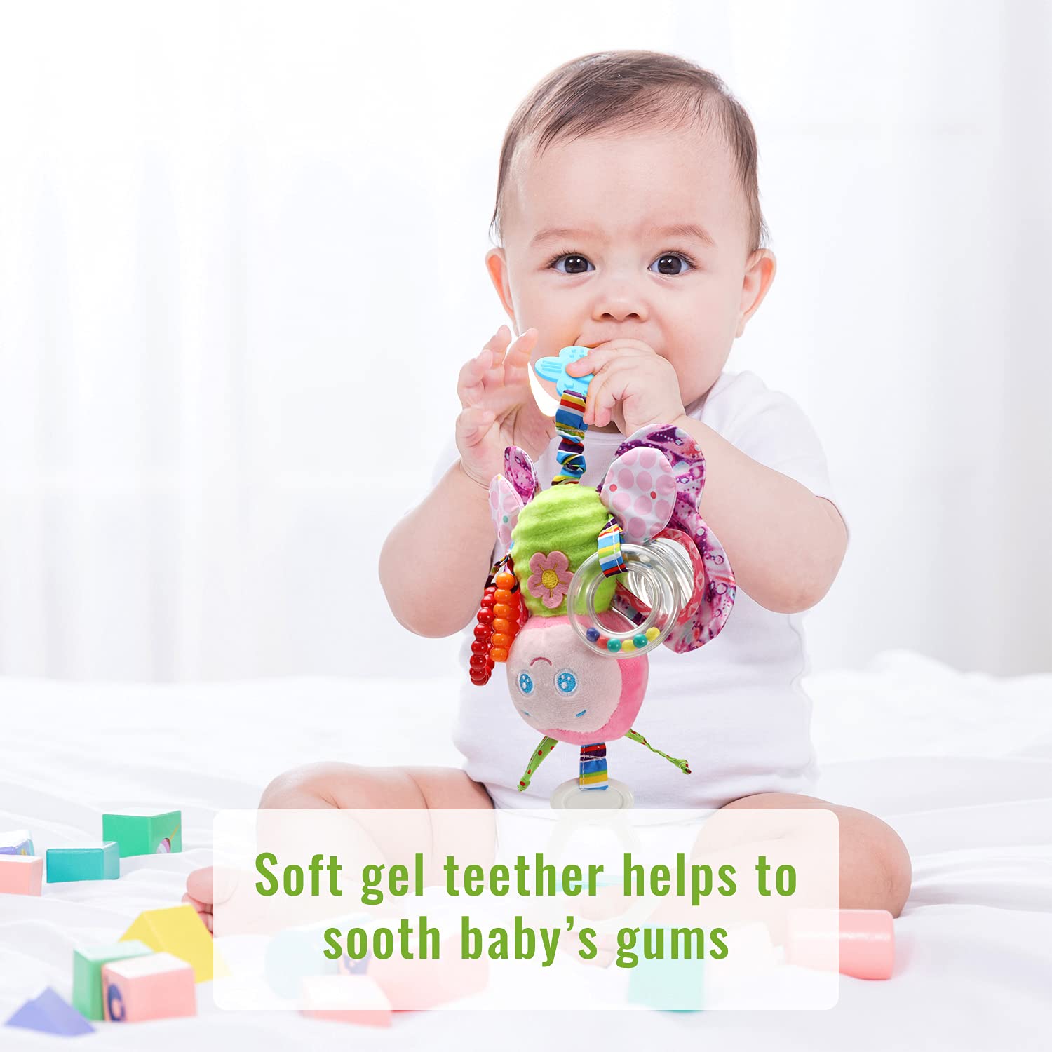 Funsland pram toys for babies, clip-on car seat toys with hanging rattle, soft sensory toys for infants 0-6 months.