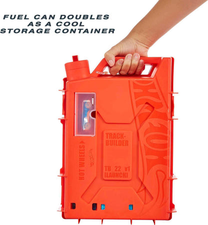 Hot Wheels Track Builder Unlimited Fuel Can Stunt Box with track pieces and storage for toy cars, suitable for ages 6 to 12.