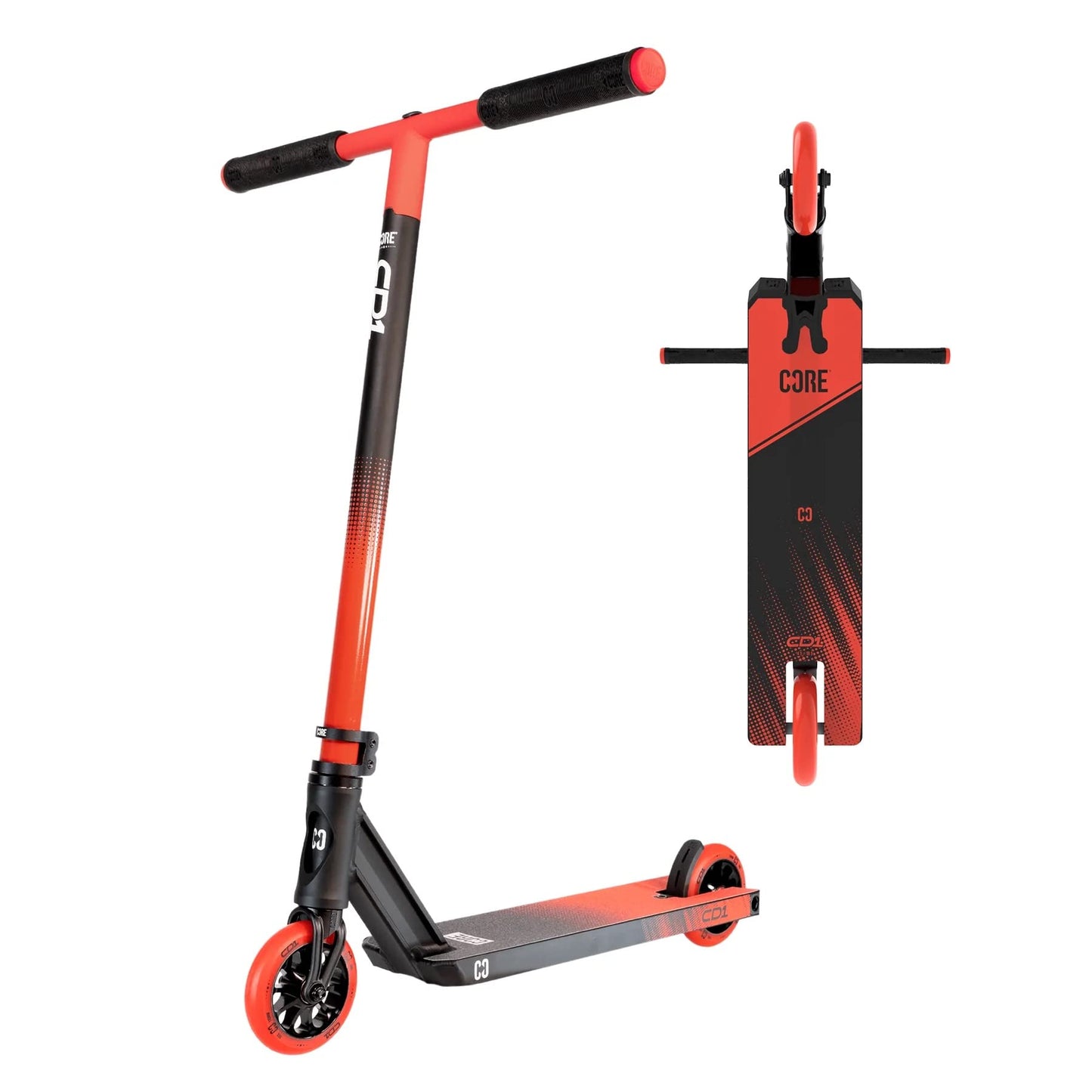 Core CD1 stunt scooter in black and red, designed for kids aged 8-12, ideal for freestyle tricks and skatepark use.