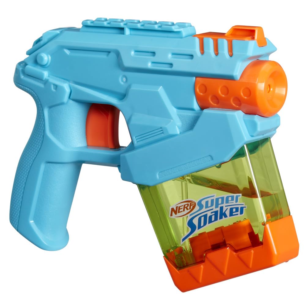 Super Soaker Mini Dunk-Fill Water Blaster by Super Soaker, designed for kids age 6+, shown with water reservoir and colorful design.