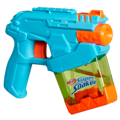Super Soaker Mini Dunk-Fill Water Blaster by Super Soaker, designed for kids age 6+, shown with water reservoir and colorful design.