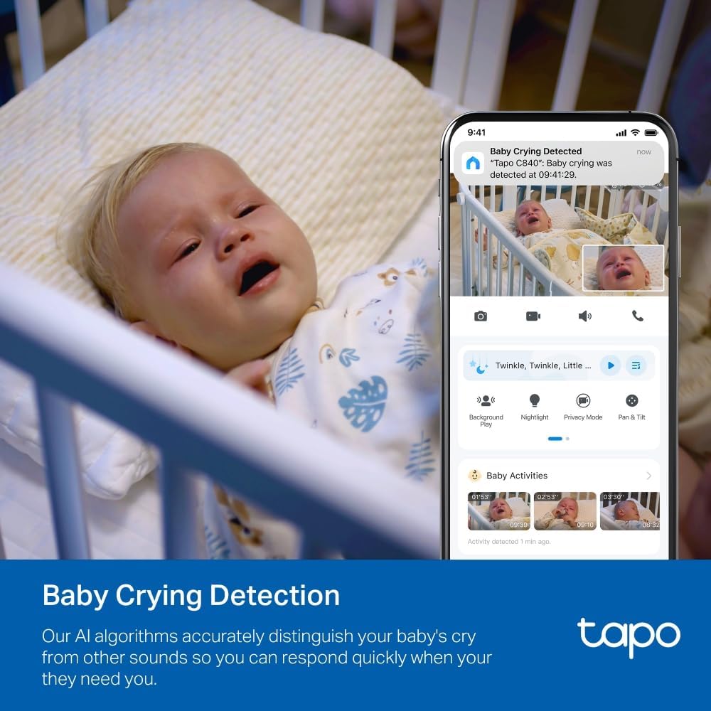 Tapo C840 2K 4MP dual-lens baby monitor security camera with night vision, AI detection, and indoor tracking system.