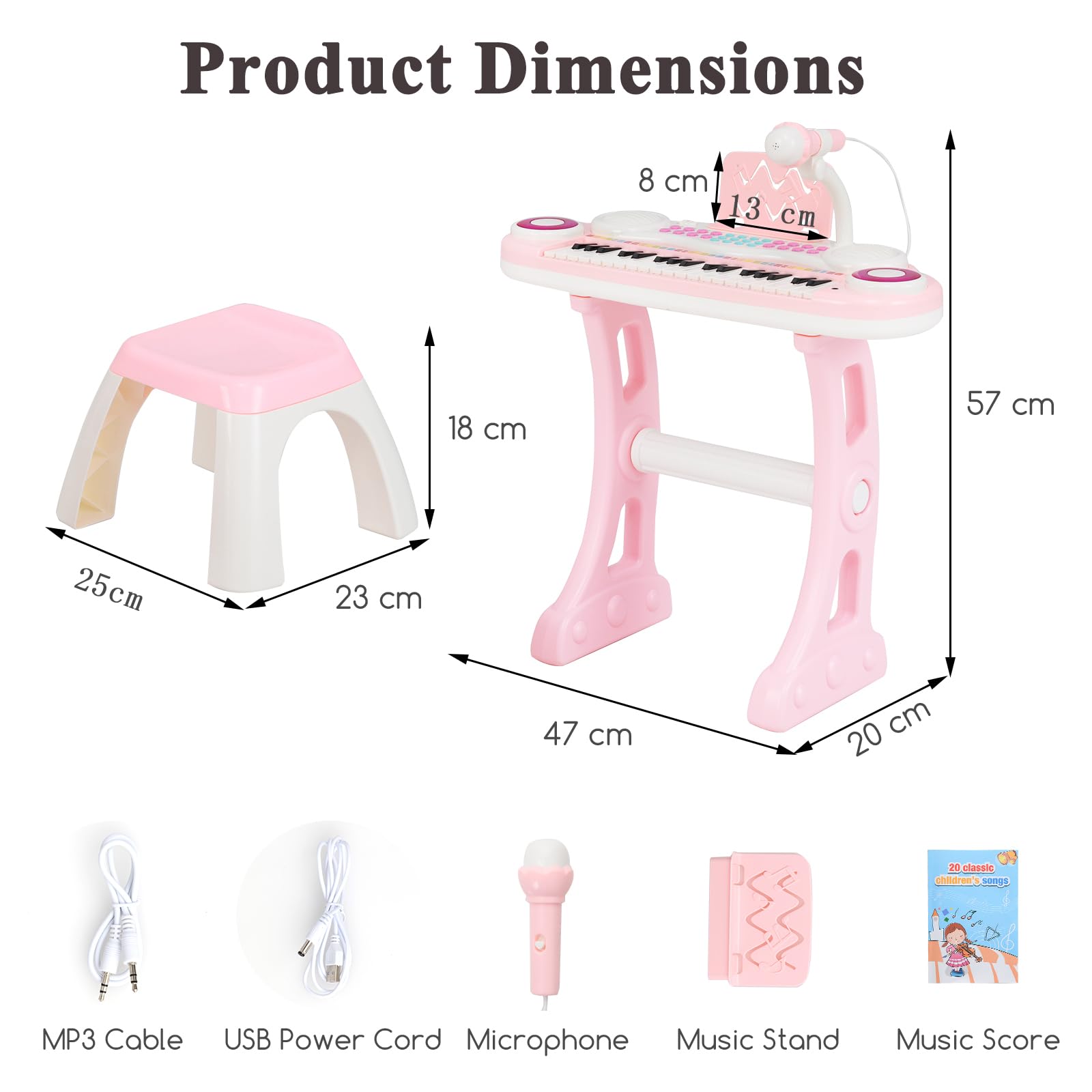 Pink Maxmass 37-key kids piano keyboard with stool, microphone, flashing lights, music score, and record/playback features for children.