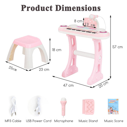 Pink Maxmass 37-key kids piano keyboard with stool, microphone, flashing lights, music score, and record/playback features for children.