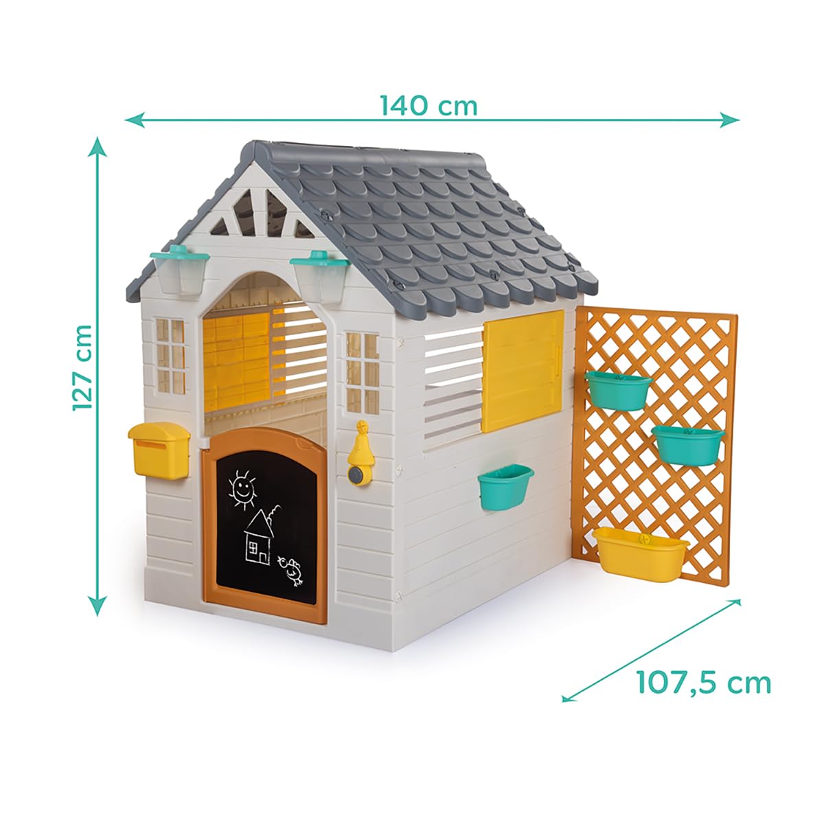 Dolu garden playhouse for kids with white and grey exterior, sturdy outdoor playhouse with fence, measuring 127x140x107.5 cm