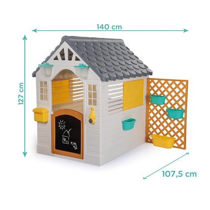 Dolu garden playhouse for kids with white and grey exterior, sturdy outdoor playhouse with fence, measuring 127x140x107.5 cm