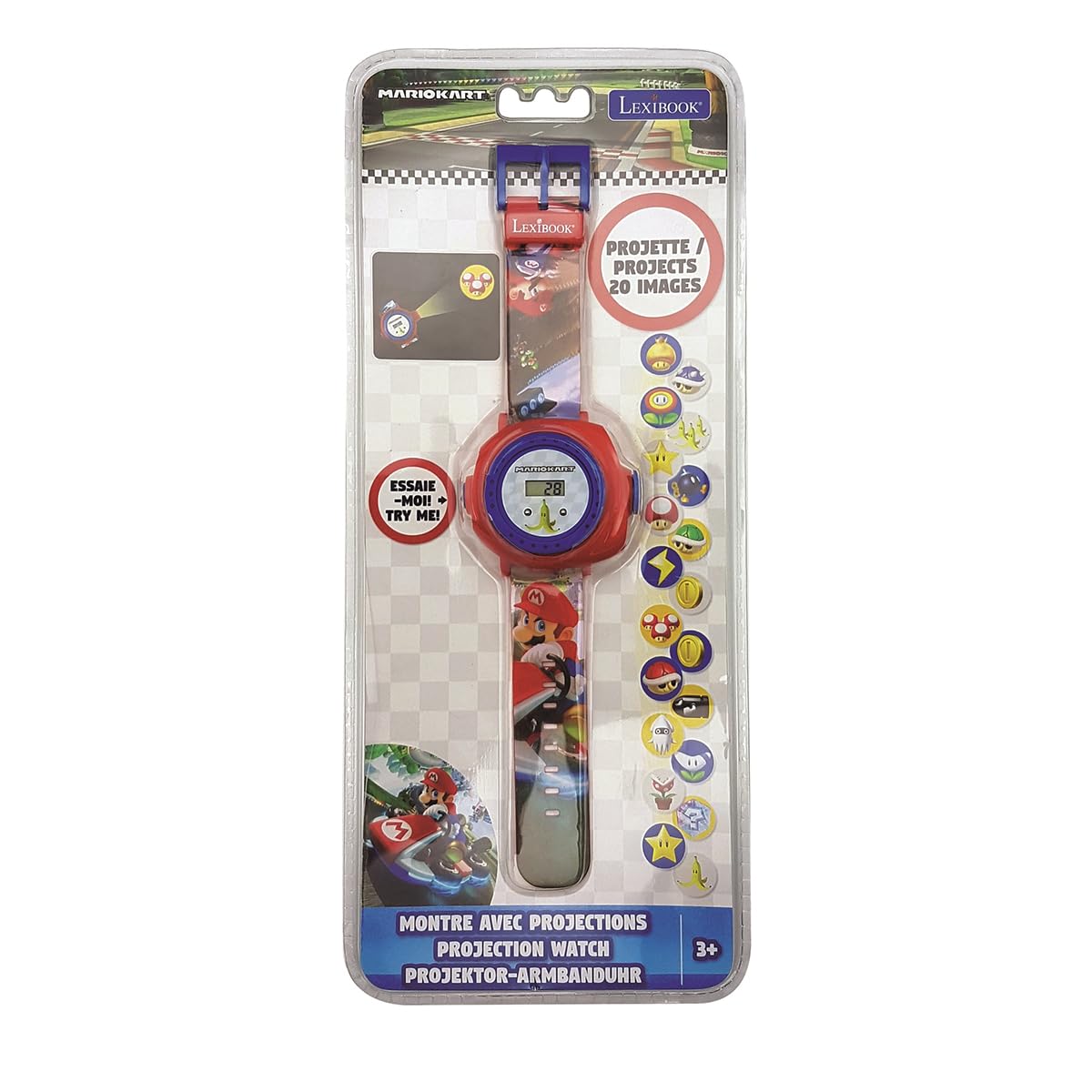 Lexibook Nintendo Mario Kart adjustable projection watch with digital screen, red and blue design, featuring Mario Kart images for children.