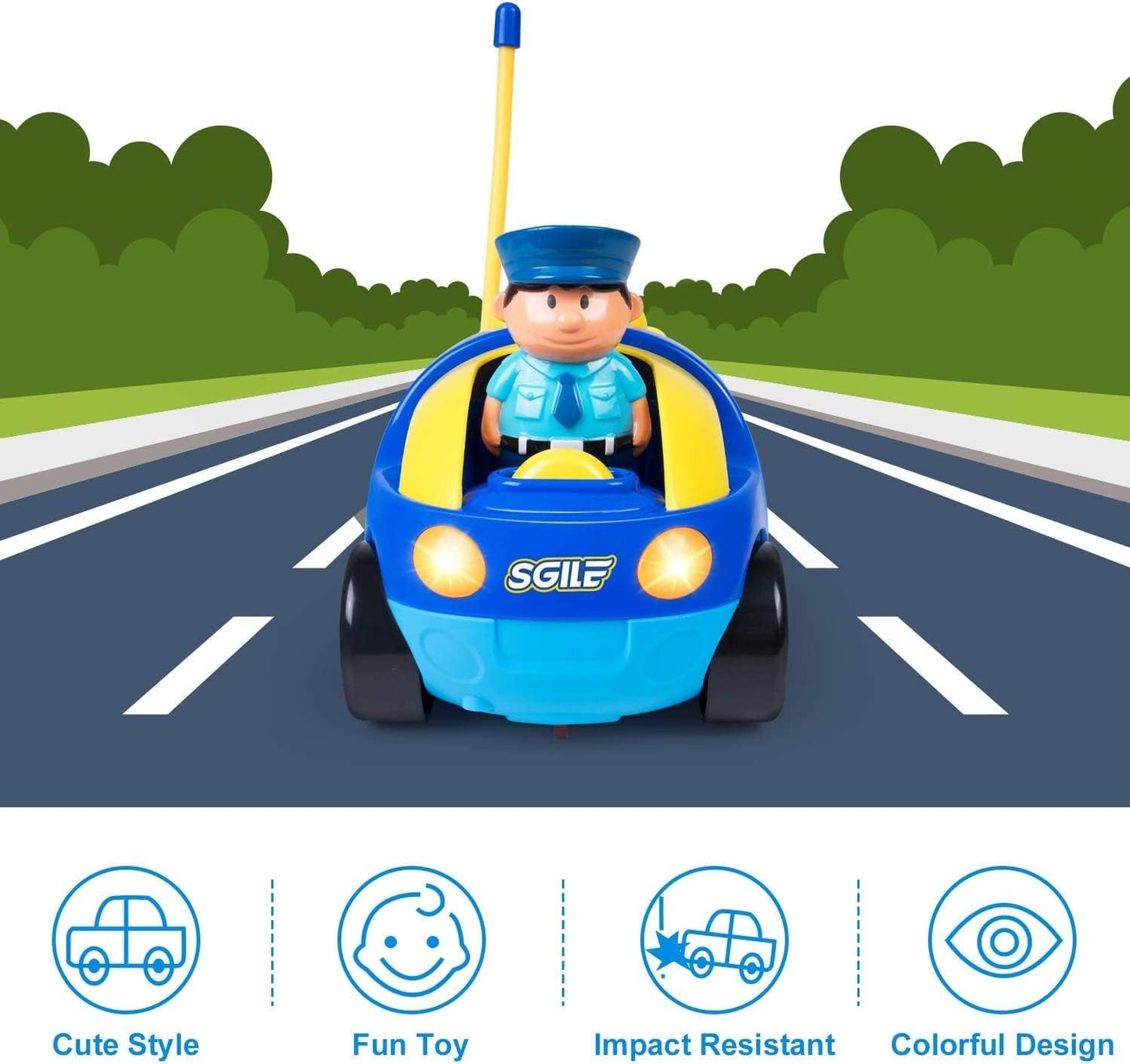 SGILE Remote Control Car for Toddlers with Sound and Light, RC Police Car Toys Birthday Gift Present for 18 Month+ Year Old Boys Girls, Blue