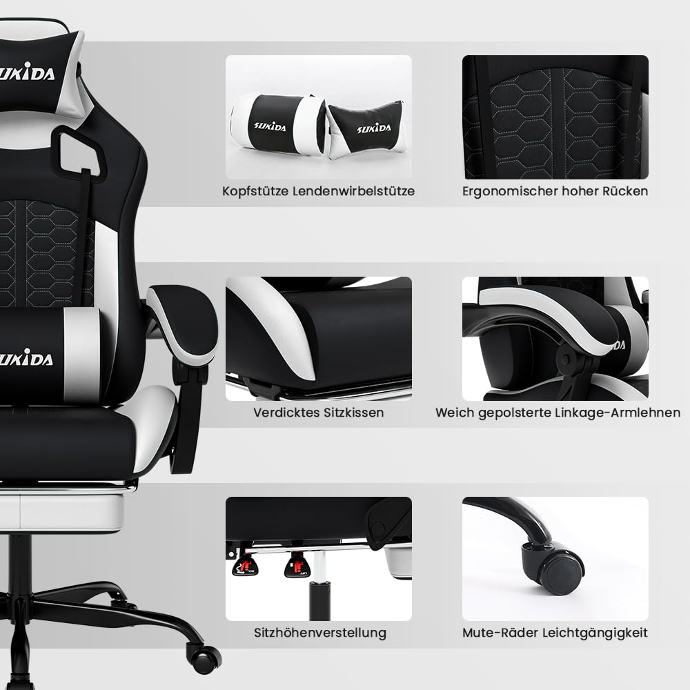 SUKIDA ergonomic gaming chair with adjustable height, comfortable headrest, lumbar support, massage feature, and footrest for adults.