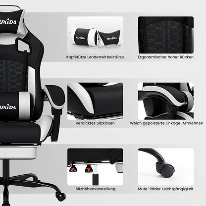 SUKIDA ergonomic gaming chair with adjustable height, comfortable headrest, lumbar support, massage feature, and footrest for adults.