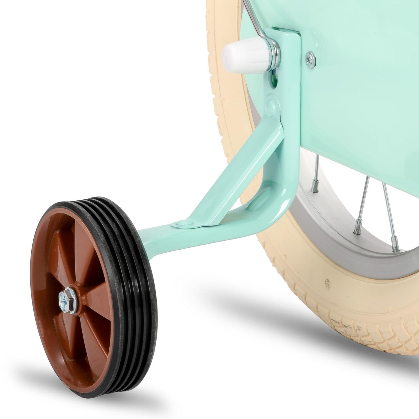 Mint green STITCH 14-inch kids bike with basket and stabilisers, designed for girls aged 3 to 5 years.