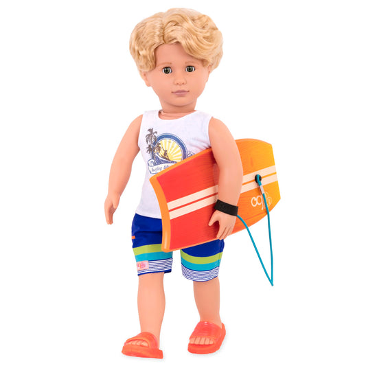 Our Generation Gabe boy doll with surfboard in cream, blue, and orange, showcasing a fun beach-ready look.