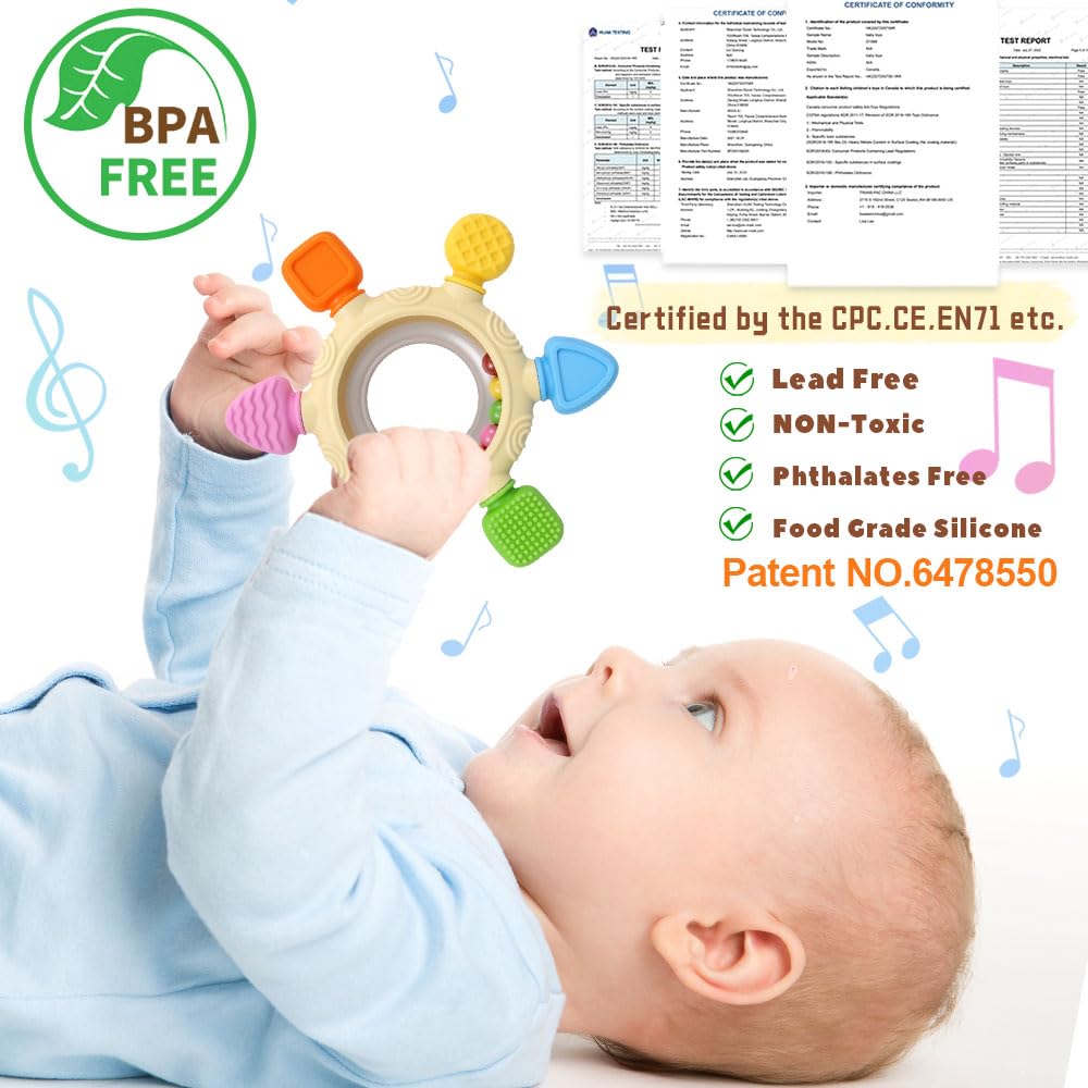 SENBSLAN silicone baby teething toy and rattle for infants, BPA-free, ideal for sensory play and teething relief.