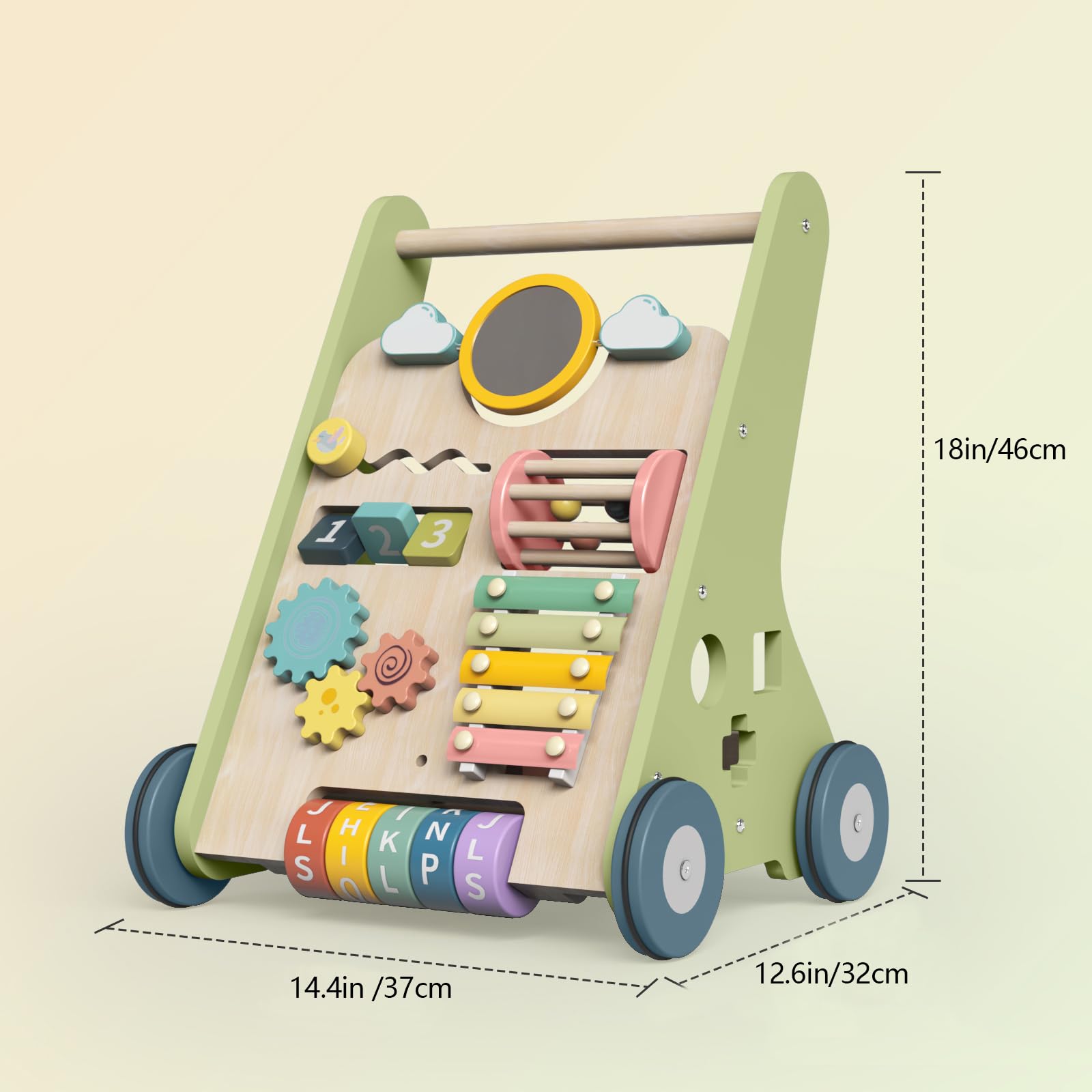 Colorful Bautia wooden baby walker with shapes, mirror, and phrases for toddlers, designed for 1-2 year old boys and girls.