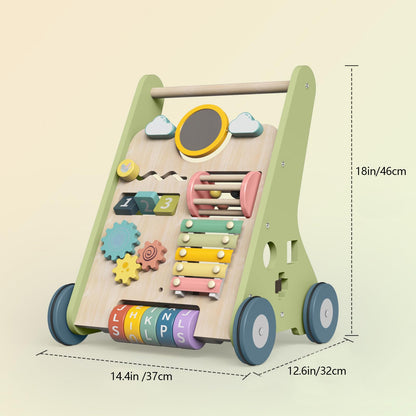 Colorful Bautia wooden baby walker with shapes, mirror, and phrases for toddlers, designed for 1-2 year old boys and girls.