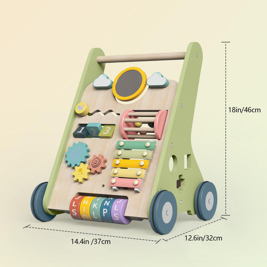 Colorful Bautia wooden baby walker with shapes, mirror, and phrases for toddlers, designed for 1-2 year old boys and girls.