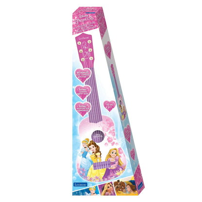 Pink Disney Princess Lexibook children's guitar with 6 nylon strings, 21 inches long, includes guide, ideal for young beginners.