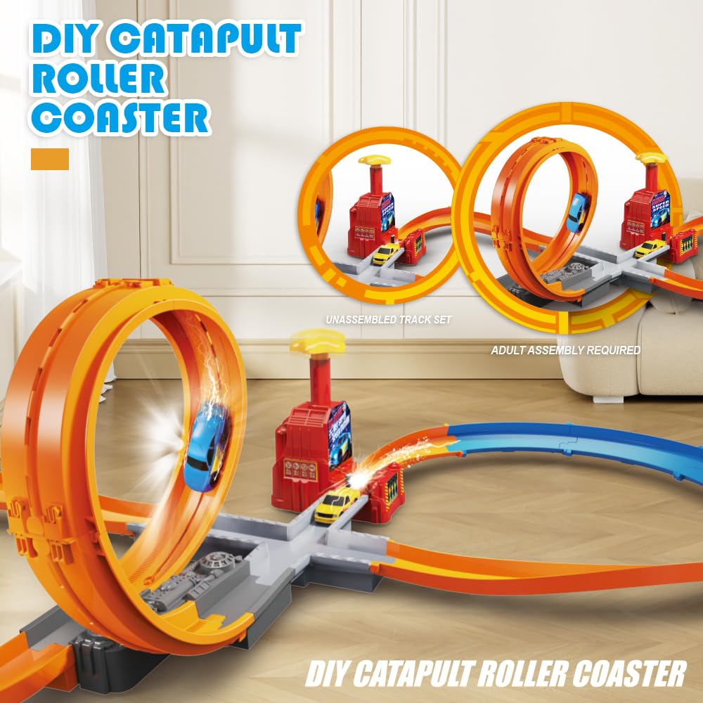VATOS Slot Car Racing Track Set for 5-7 Years Boys - Manual Acceleration Kids Slot Machine Racing Track with 360 Degree Track,Diy Catapult Roller Coaster 3 4 5 6 7 8 9 10 Boys Girls